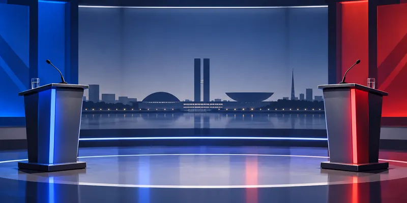 Ilustração editorial de dois púlpitos vazios em estúdio de debate