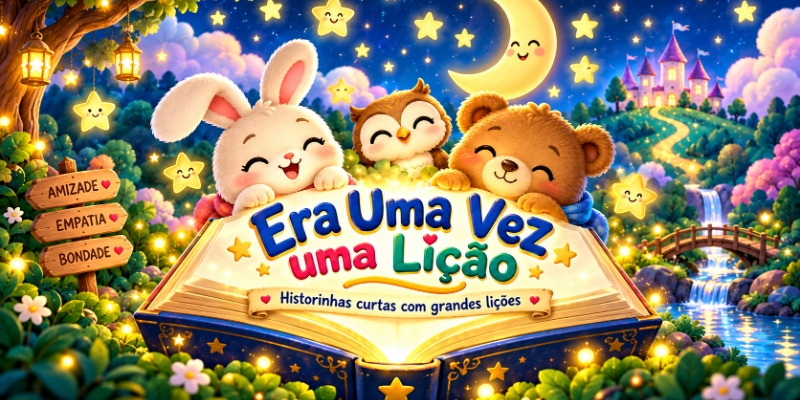 Ilustração do canal Era Uma Vez uma Lição com personagens infantis e livro aberto